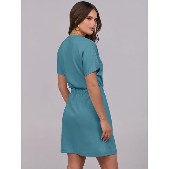 Anrabess Women Teal Crew Neck Elastic Waist Mini T Shirt Dress With Pocket - Picture 5 of 6